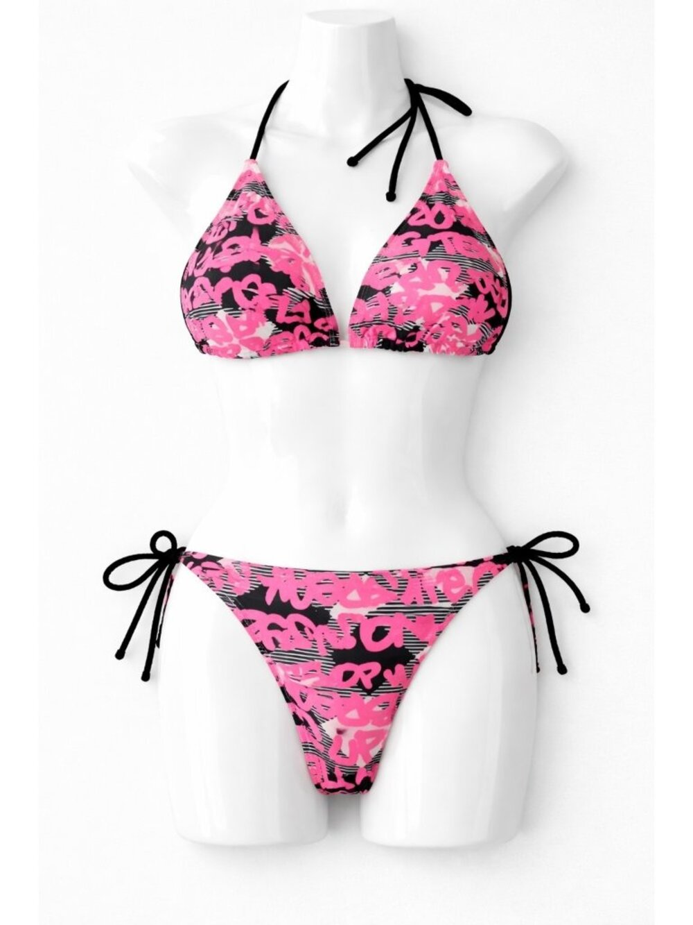 Vintage 90s Neon Pink Black Graffiti Bikini Set String Tie Y2K Swimwear